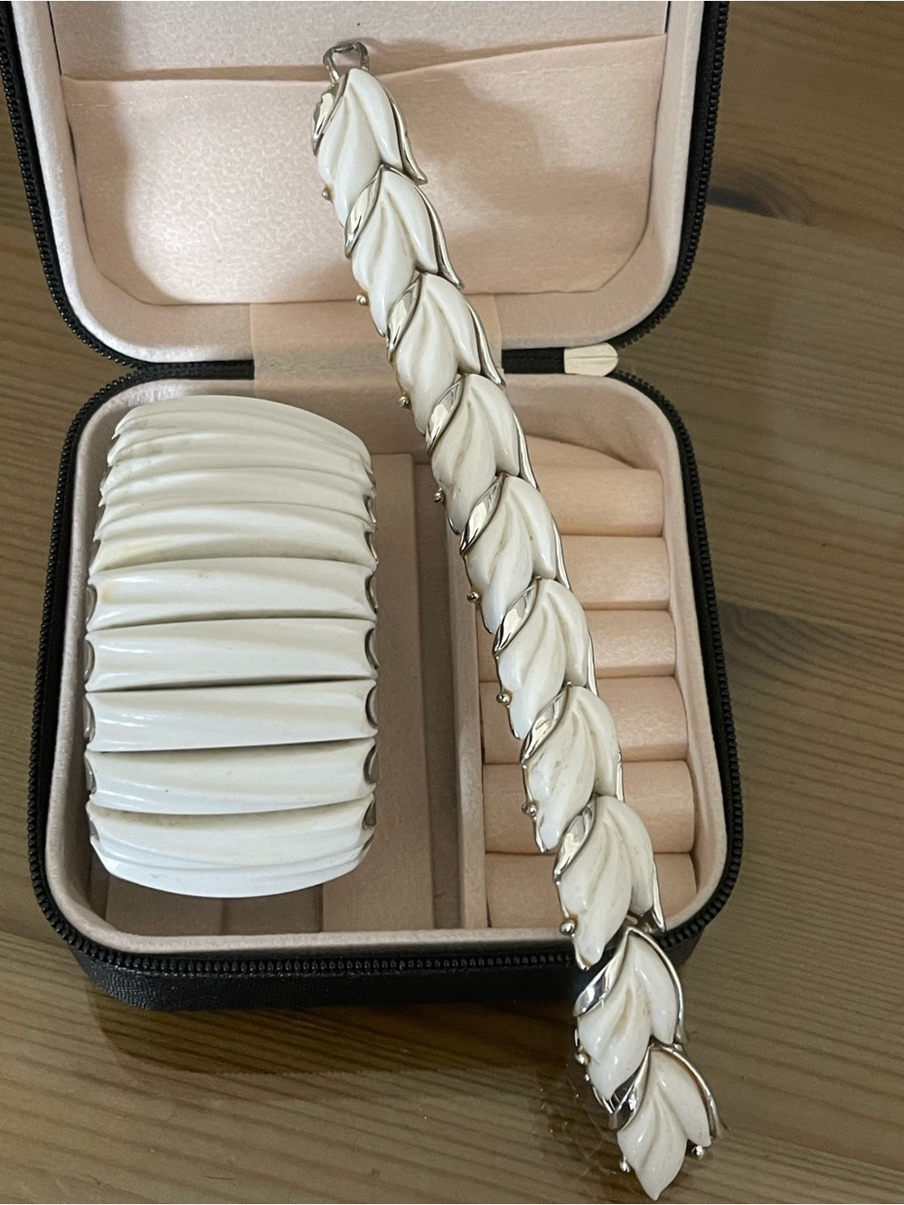Vintage White Leaf Bracelet and Cuff Set in a zip close travel jewelry box